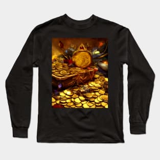 Gold Coins in Dungeon Dragon Treasure Chest Fantasy Art Long Sleeve T-Shirt